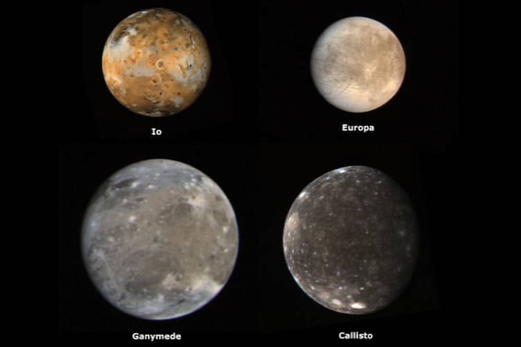 Photo of the four Galilean satellites of Jupiter.