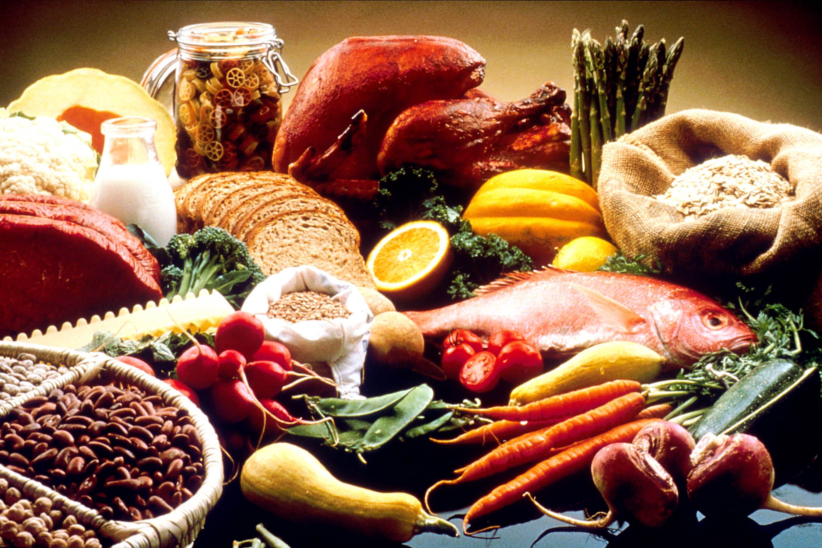 Selection of foods rich in carbohydrate, protein and fat.