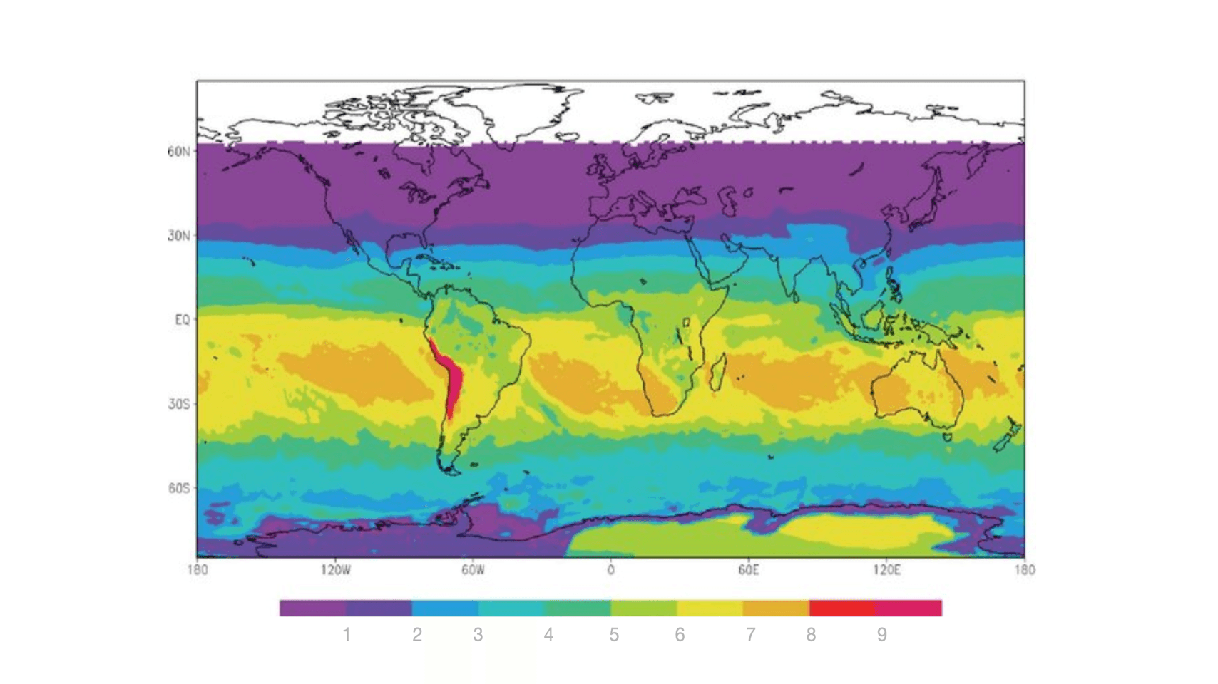 global map with coloured UV intensity data