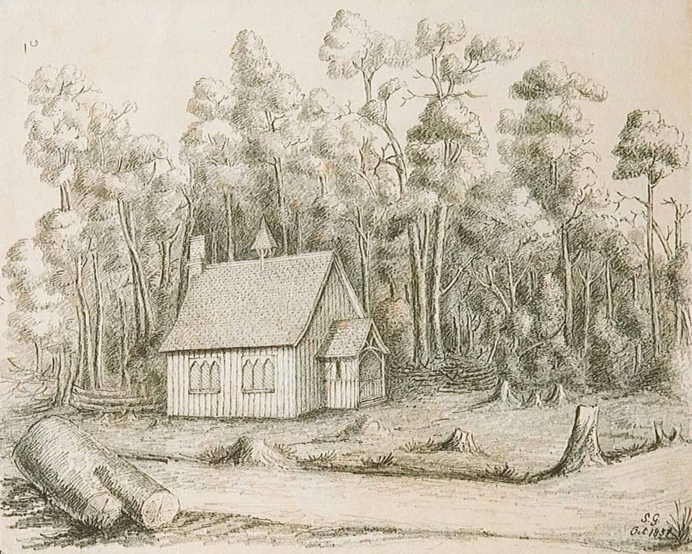 1851 pencil drawing of small schoolhouse in a forest clearing.