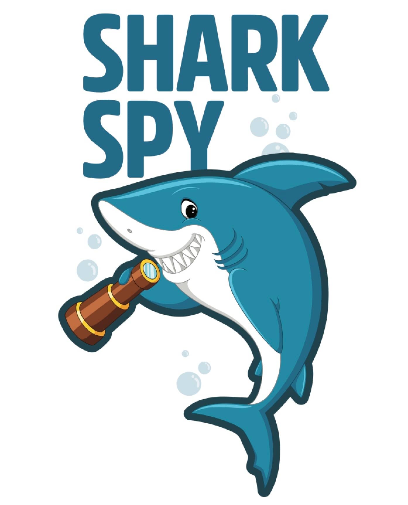 Cartoon image of a blue and white shark holding a telescope and text Shark Spy.